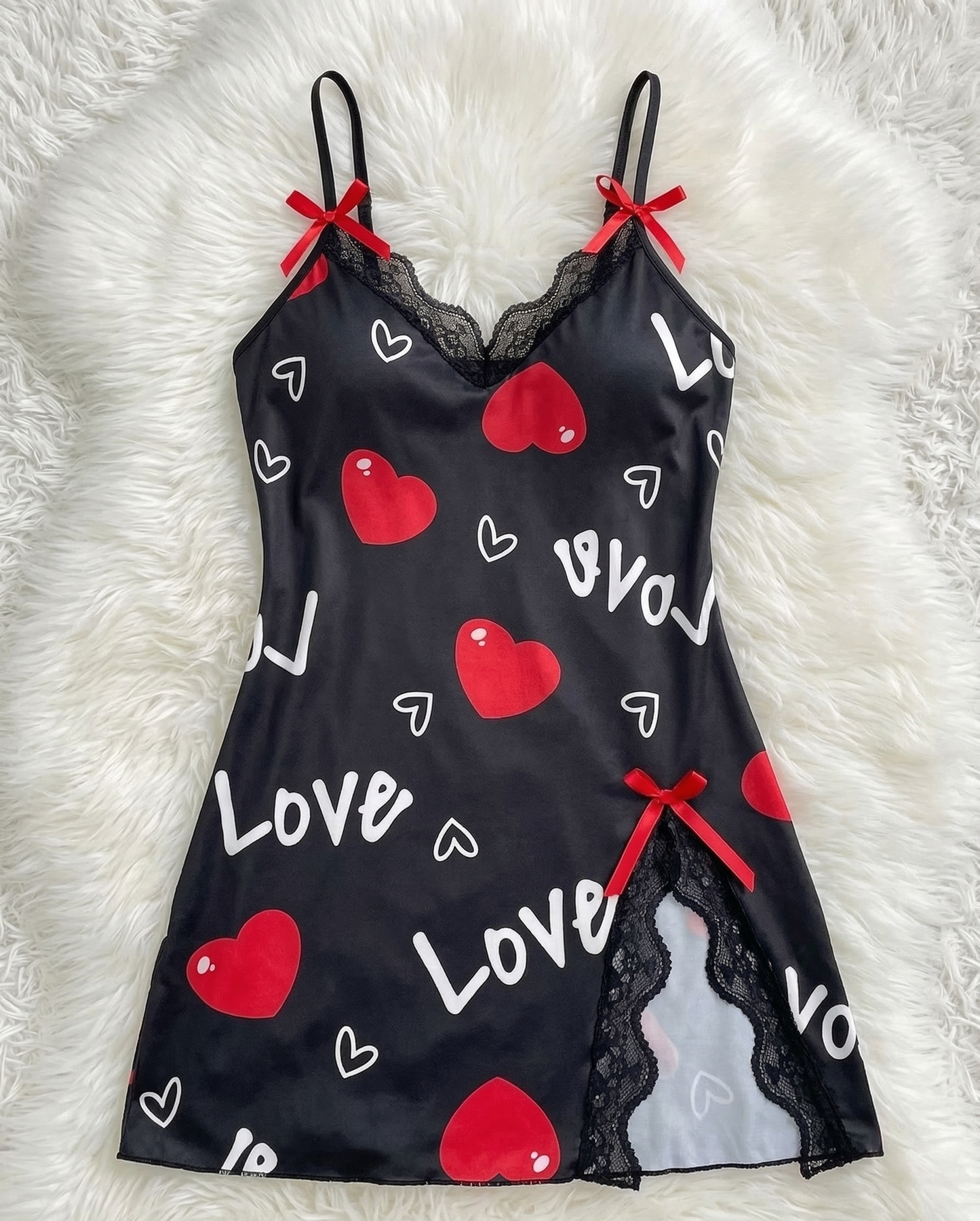 Camisón Baby Doll Negro "Amor Negro" | Lencería de Satén con Corazones y Encaje