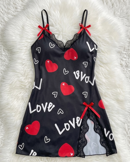 Camisón Baby Doll Negro "Amor Negro" | Lencería de Satén con Corazones y Encaje