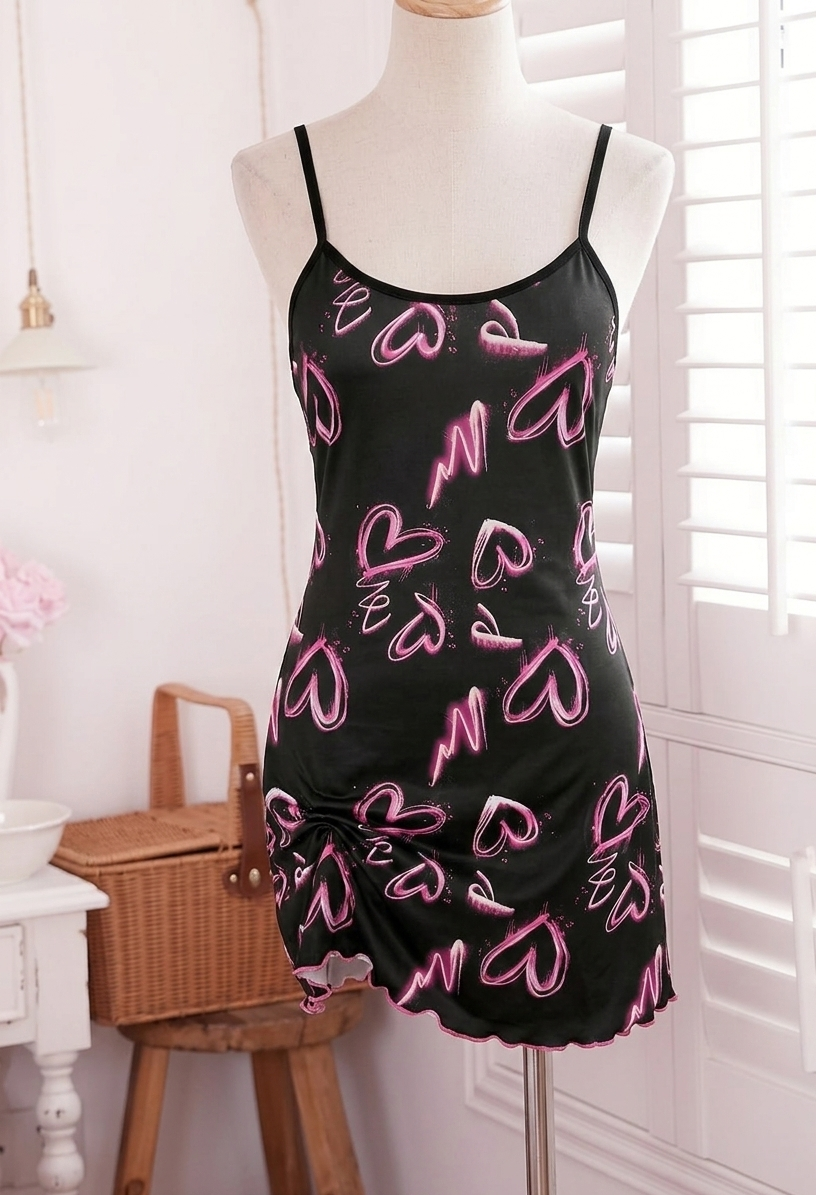 Vestido Corto de Tirantes Negro con Estampado de Corazones Rosa Neón y Fruncido Lateral