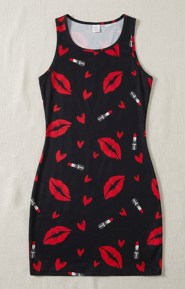 Midnight Kiss: Vestido Bodycon de San Valentín con Estampado de Labios