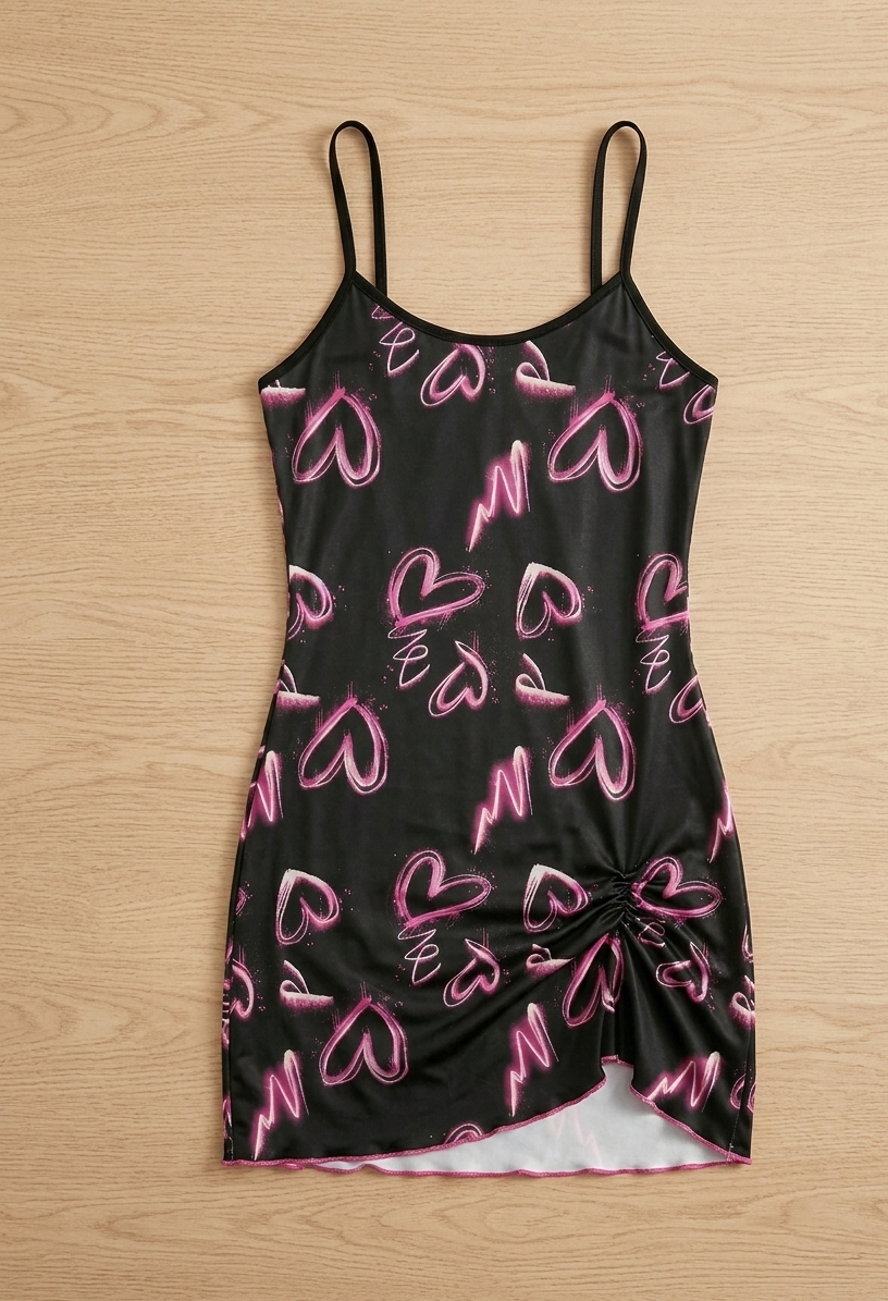 Vestido Corto de Tirantes Negro con Estampado de Corazones Rosa Neón y Fruncido Lateral